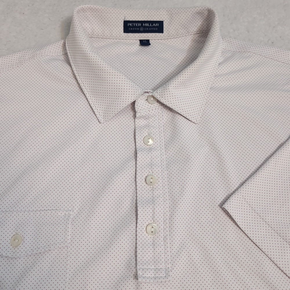 Peter Millar Crown Crafted Men's XL Polkadot Light Pink White Golf Polo Pocket‎